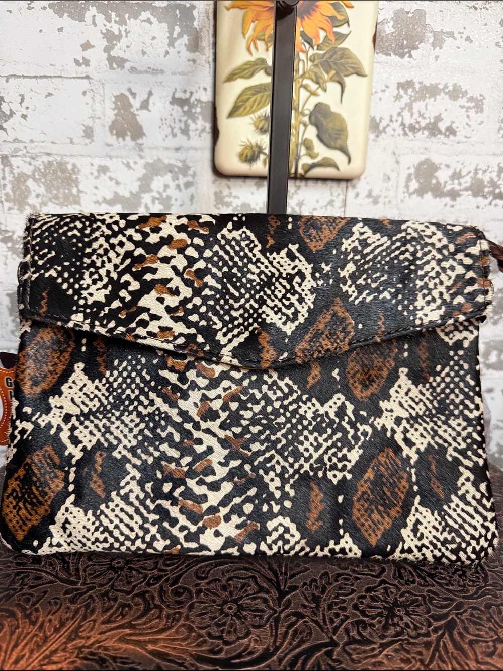 American Darling Snake-Print Foldover Clutch in Black, White & Brown